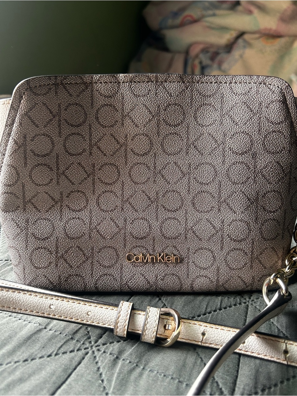 Calvin Klein Monogram Crossbody Bag in Brown and Cream